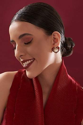 Gold Plated Red Stones & Moissanite Polki Handcrafted Enamelled Stud Earrings In Sterling Silver