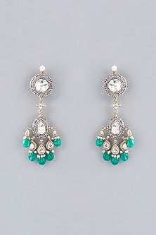 Gold Plated Emerald Beads & Moissanite Polki Handcrafted Dangler Earrings In Sterling Silver