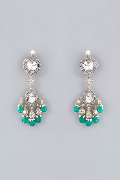 Gold Plated Emerald Beads & Moissanite Polki Handcrafted Dangler Earrings In Sterling Silver