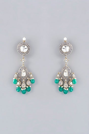 Gold Plated Emerald Beads & Moissanite Polki Handcrafted Dangler Earrings In Sterling Silver