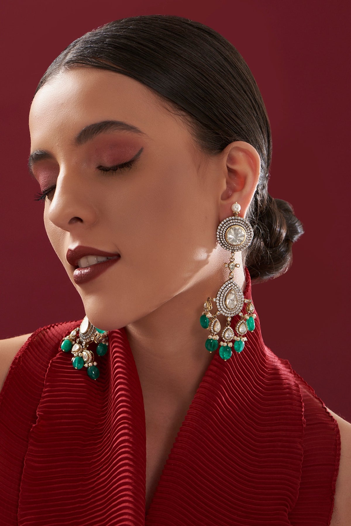 Gold Plated Emerald Beads & Moissanite Polki Handcrafted Dangler Earrings In Sterling Silver