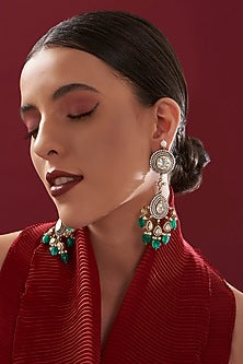 Gold Plated Emerald Beads & Moissanite Polki Handcrafted Dangler Earrings In Sterling Silver