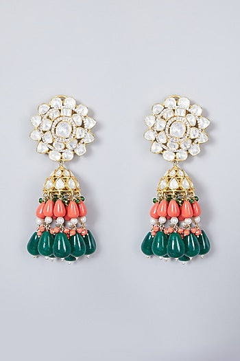 Gold Plated Kundan Polki & Pearl Earrings In Sterling Silver