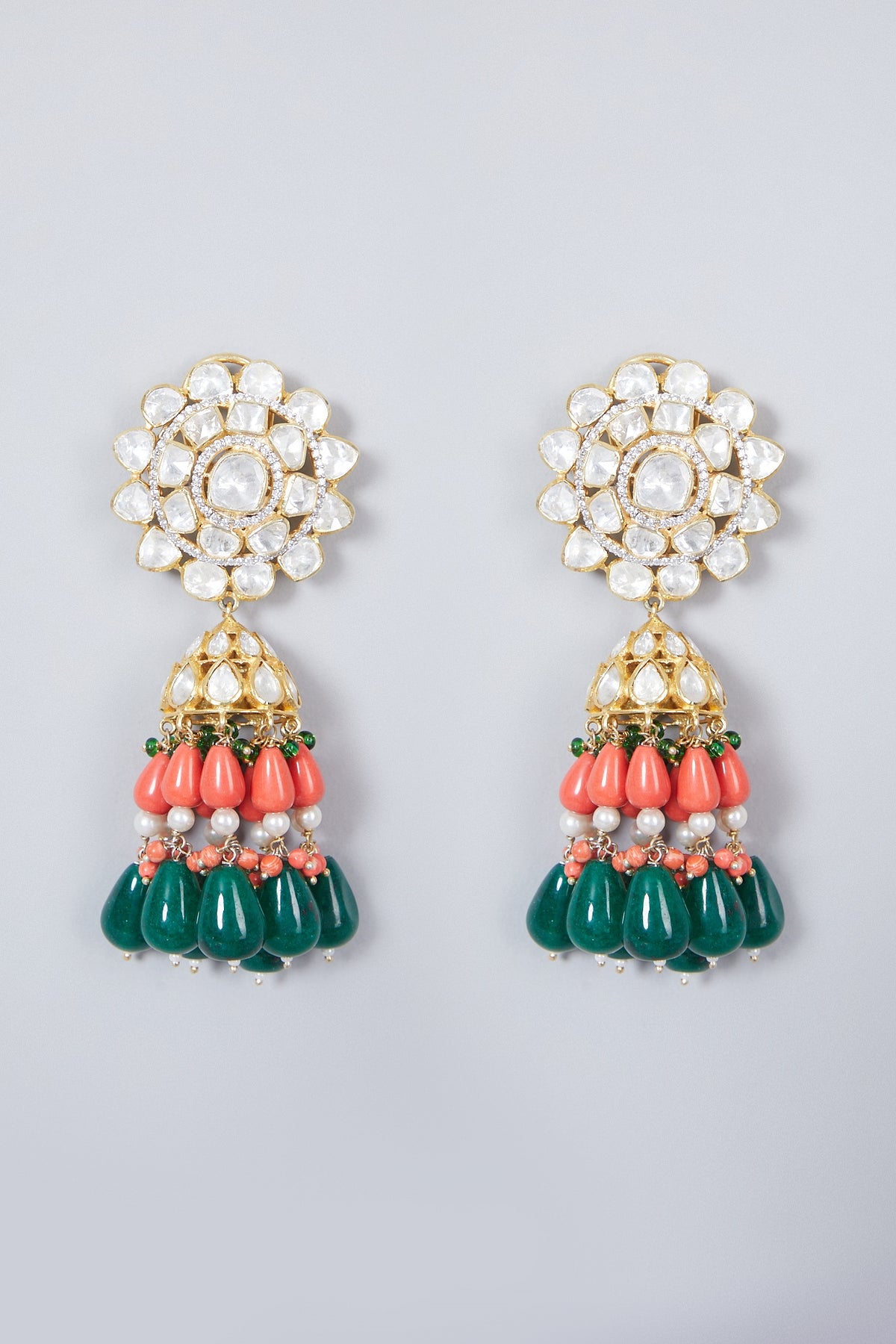 Gold Plated Kundan Polki & Pearl Earrings In Sterling Silver