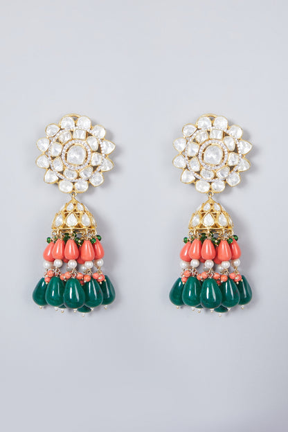Gold Plated Kundan Polki & Pearl Earrings In Sterling Silver