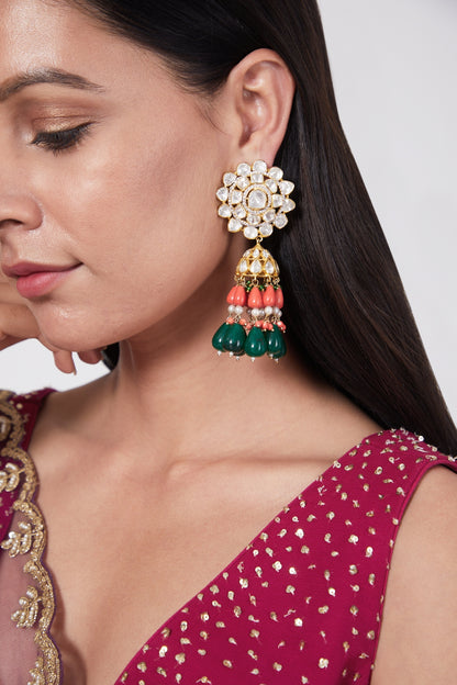 Gold Plated Kundan Polki & Pearl Earrings In Sterling Silver