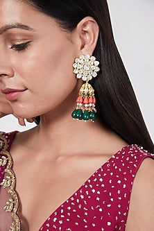 Gold Plated Kundan Polki & Pearl Earrings In Sterling Silver