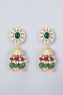 Gold Plated Ruby & Kundan Polki Earrings In Sterling Silver