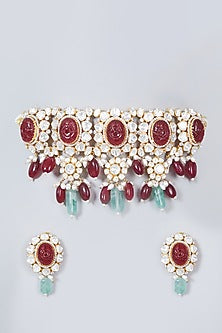 Gold Plated Ruby & Pearl Necklace Set In Sterling Silver