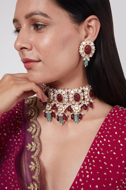 Gold Plated Ruby & Pearl Necklace Set In Sterling Silver