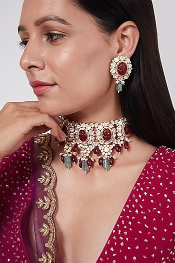 Gold Plated Ruby & Pearl Necklace Set In Sterling Silver
