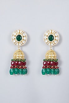 Gold Plated Kundan Polki & Emerald Earrings In Sterling Silver