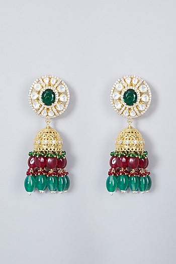 Gold Plated Kundan Polki & Emerald Earrings In Sterling Silver