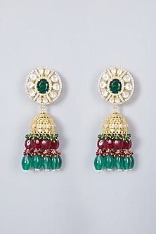 Gold Plated Kundan Polki & Emerald Earrings In Sterling Silver