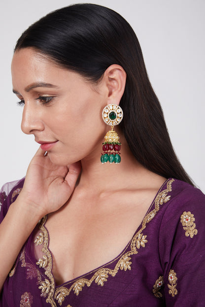 Gold Plated Kundan Polki & Emerald Earrings In Sterling Silver