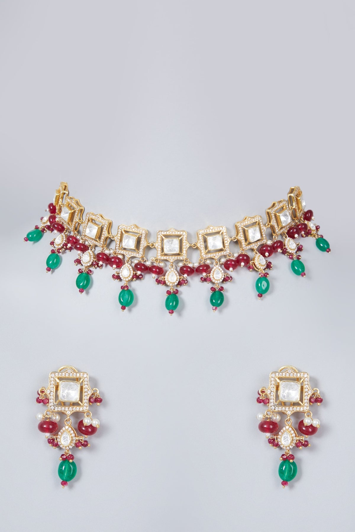 Gold Plated Kundan Polki Necklace Set In Sterling Silver