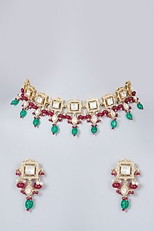 Gold Plated Kundan Polki Necklace Set In Sterling Silver