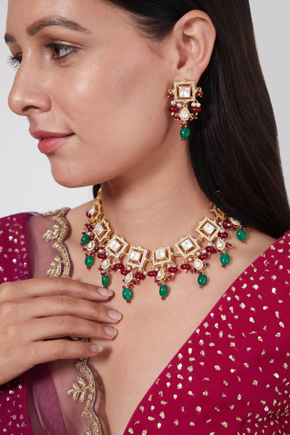 Gold Plated Kundan Polki Necklace Set In Sterling Silver