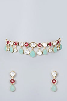 Gold Plated Ruby & Kundan Polki Necklace Set In Sterling Silver