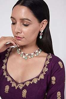 Gold Plated Ruby & Kundan Polki Necklace Set In Sterling Silver