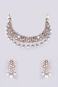 Gold Plated Moissanite Polki & Pearls Handcrafted Choker Necklace Set In Sterling Silver