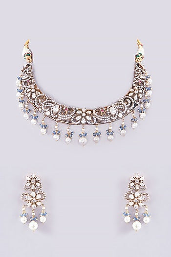 Gold Plated Moissanite Polki & Pearls Handcrafted Choker Necklace Set In Sterling Silver