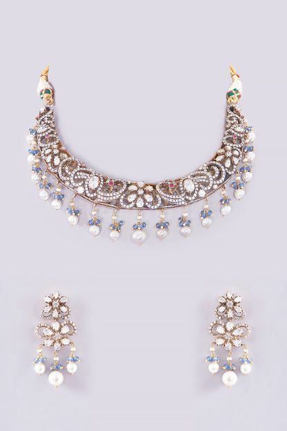 Gold Plated Moissanite Polki & Pearls Handcrafted Choker Necklace Set In Sterling Silver