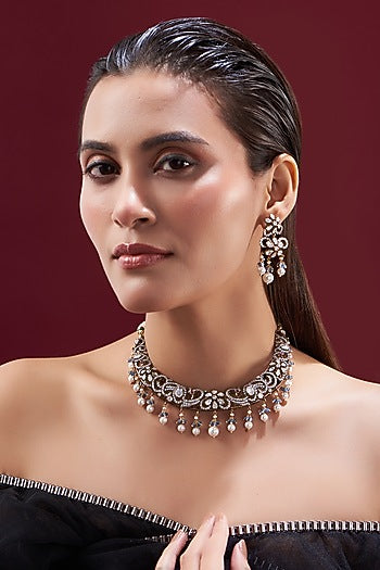 Gold Plated Moissanite Polki & Pearls Handcrafted Choker Necklace Set In Sterling Silver