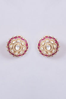 Gold Plated Moissanite Polki & Ruby Stud Earrings In Sterling Silver
