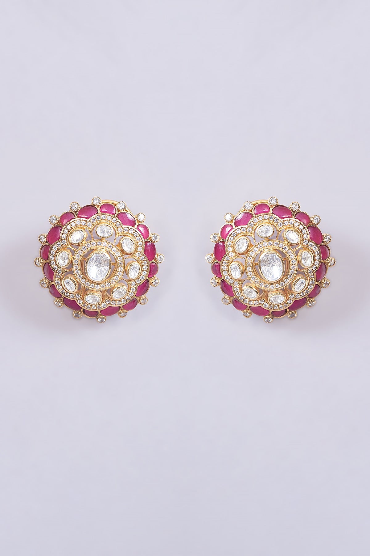 Gold Plated Moissanite Polki & Ruby Stud Earrings In Sterling Silver