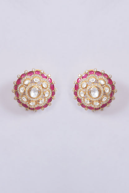 Gold Plated Moissanite Polki & Ruby Stud Earrings In Sterling Silver