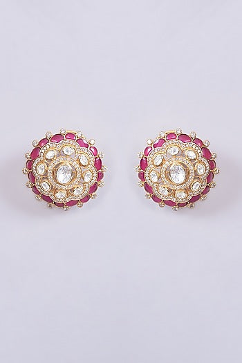 Gold Plated Moissanite Polki & Ruby Stud Earrings In Sterling Silver