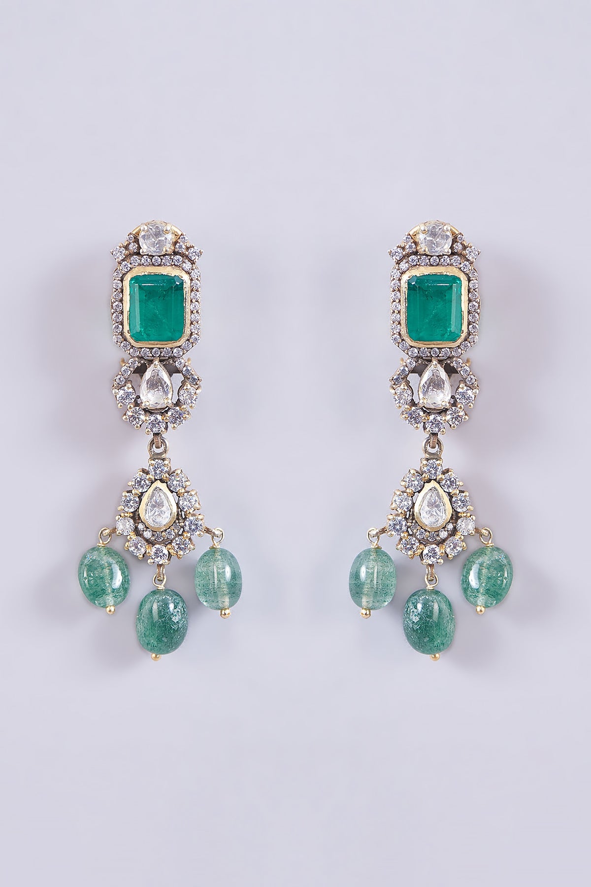 Gold Plated Moissanite Polki & Emerald Dangler Earrings In Sterling Silver