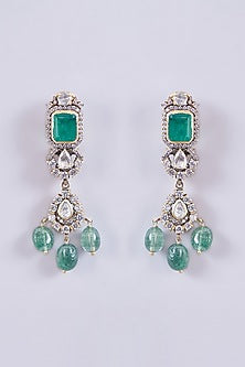 Gold Plated Moissanite Polki & Emerald Dangler Earrings In Sterling Silver