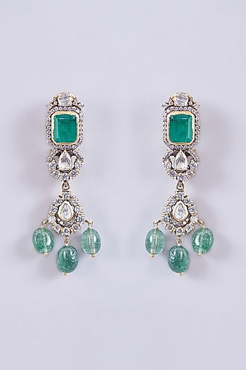 Gold Plated Moissanite Polki & Emerald Dangler Earrings In Sterling Silver