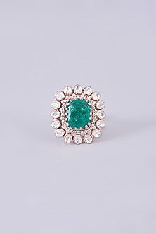 Gold Plated Moissanite Polki & Emerald Ring In Sterling Silver
