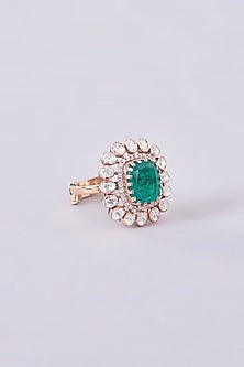 Gold Plated Moissanite Polki & Emerald Ring In Sterling Silver