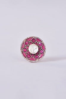 Gold Plated Moissanite Polki & Ruby Ring In Sterling Silver
