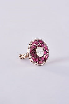 Gold Plated Moissanite Polki & Ruby Ring In Sterling Silver