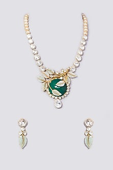 Gold Plated Handcrafted Green Onyx Necklace Set In Sterling Silver