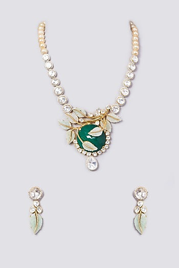Gold Plated Handcrafted Green Onyx Necklace Set In Sterling Silver