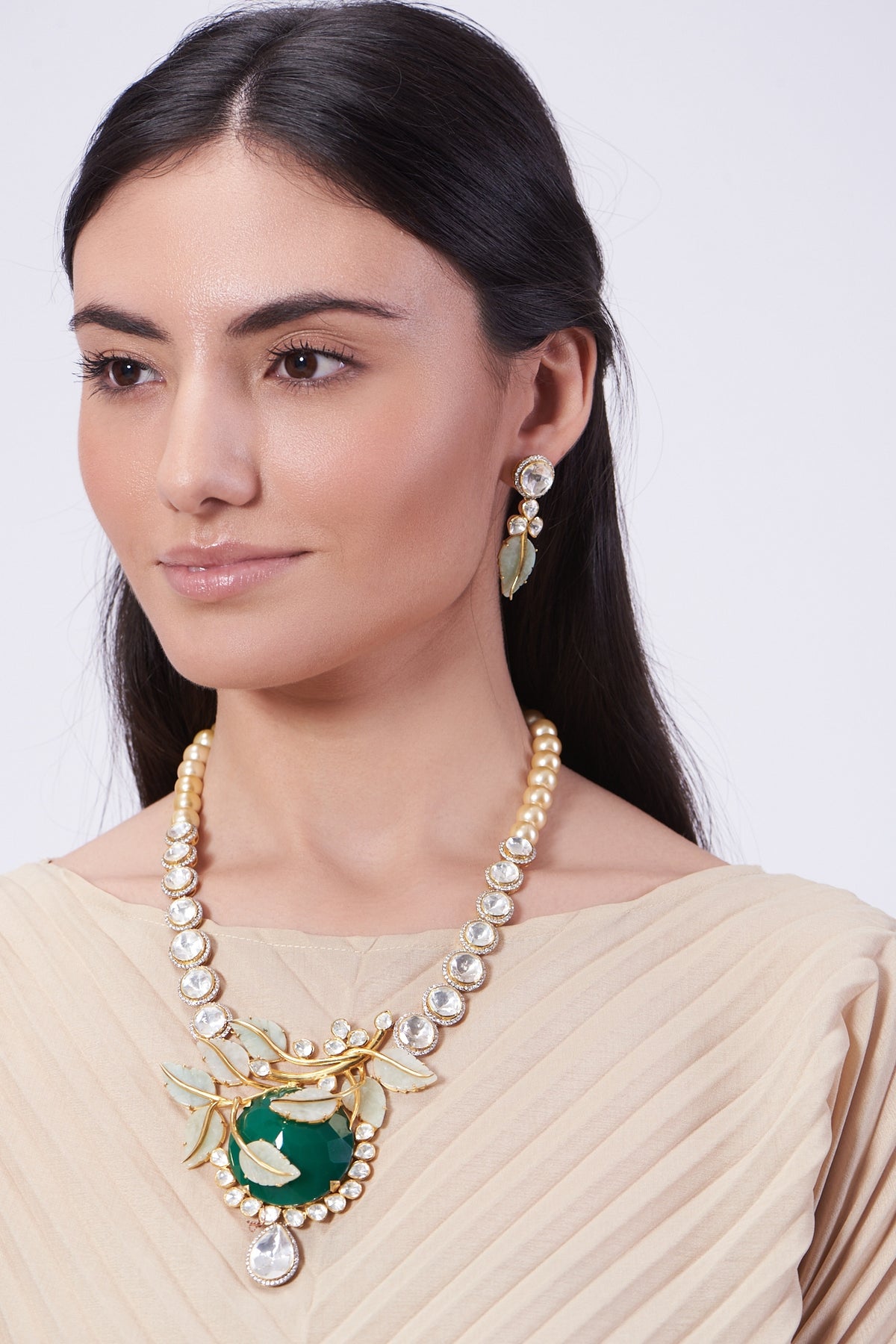 Gold Plated Handcrafted Green Onyx Necklace Set In Sterling Silver
