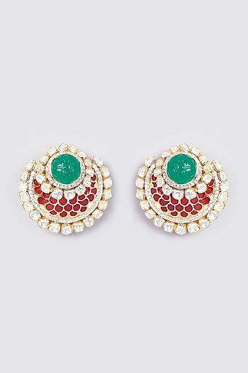 Gold Plated Green Onyx Stud Earrings In Sterling Silver