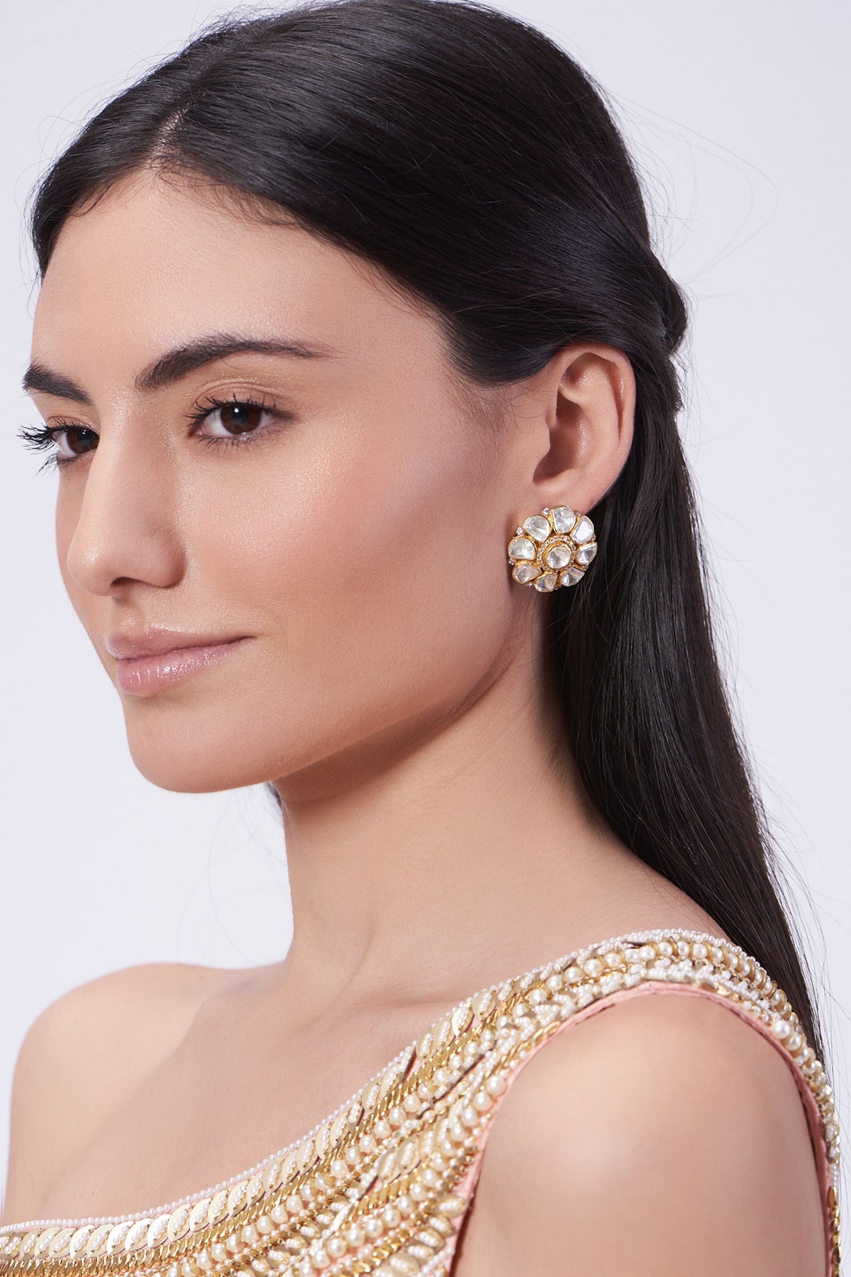 Gold Plated Handcrafted Floral Stud Earrings In Sterling Silver