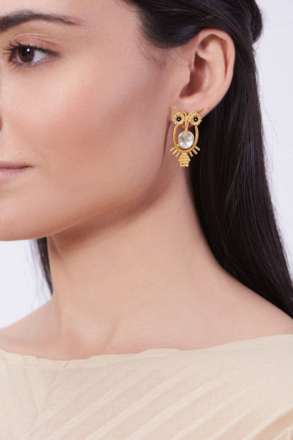 Gold Plated Handcrafted Owl-Stud Earrings In Sterling Silver