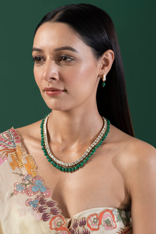 Gold Plated Green Onyx Necklace Set In Sterling Silver