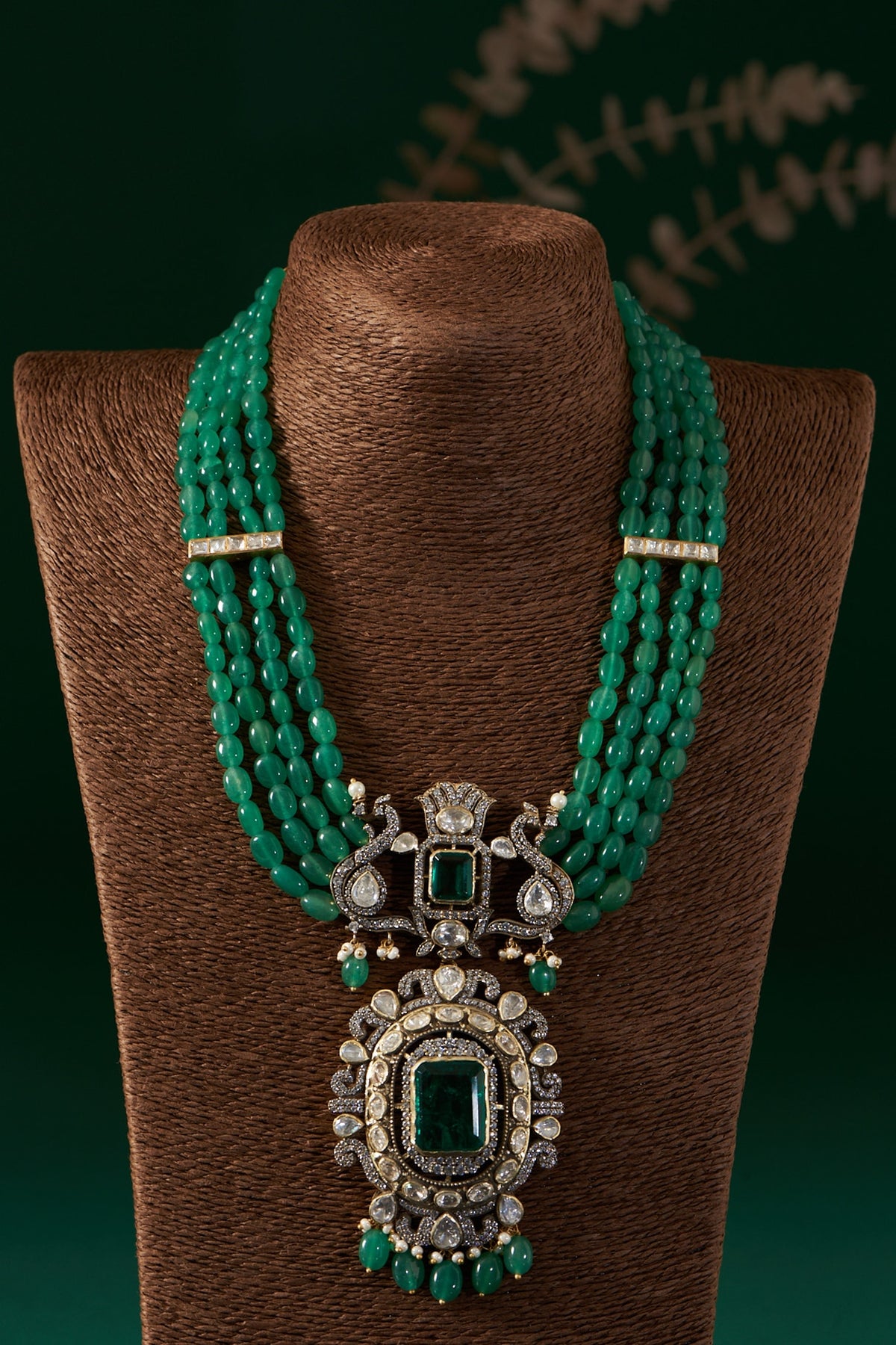 Gold Plated Jade Beaded Necklace Set In Sterling Silver