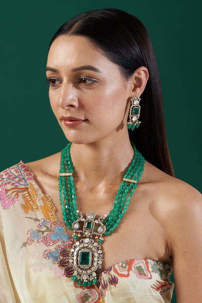 Gold Plated Jade Beaded Necklace Set In Sterling Silver
