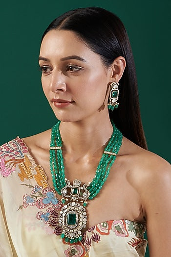Gold Plated Jade Beaded Necklace Set In Sterling Silver
