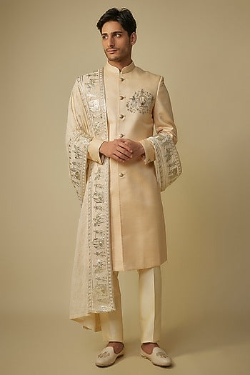 Gold Herringbone Fabric Motif Work Sherwani Set